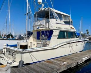 White motor yacht with blue trim docked at a wooden marina pier on a clear day.