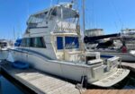 White motor yacht docked at a wooden marina pier on a sunny day, with blue windows and a rear swim platform visible.