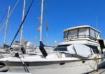 Several white motor yachts are docked side by side in a marina, with tall masts and a bright blue sky overhead.