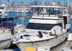 White motor yacht moored at a marina, with other boats and calm blue water in the background.