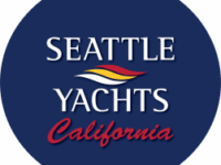 Seattle Yachts California logo: dark blue circle with white 'SEATTLE YACHTS', colorful wave, and red 'California' script.