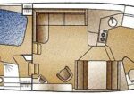 Top-down layout of a motor yacht interior: forward double berth, central saloon with table, galley on the starboard side, and aft cabins with heads.