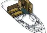 Isometric cutaway view of an airplane showing the cockpit, seating area, and interior compartments inside the fuselage.