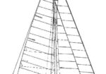 Line drawing of a sailing yacht with a tall mast and full sails, viewed from the side, in profile.