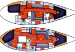 Two cutaway yacht interior layouts show upper and lower deck plans with cabins, galley, and lounge areas.