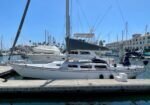 White sailboat docked at a marina with a black sail cover, multiple masts, and surrounding yachts on calm blue water.