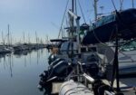 Row of docked sailboats at a calm marina with reflections on the water and clear blue sky above.