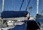 Slocked sailboat on a dock with a blue sail cover and rigging, palm trees in the background under a clear sky