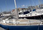 Sailing yacht docked at a sunny marina with numerous masts and nearby motor yachts in the background. Foreground shows a blue-hulled sailboat with a folded mainsail.