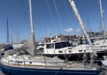 Sailboats docked at a marina with tall masts against a blue sky and calm water nearby.