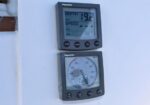 Two marine gauges mounted on a white surface: a depth finder reading about 19.2 feet above, and a compass-style instrument showing heading with wind indicators.