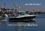 Motorboat cruising in a marina with promotional text: 'Start 2016 Off Right!!' and '2000 Cabo Express 35 Ready To Fish'