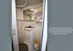 Compact boat head with a curved enclosed shower, sink vanity, mirror, and marine toilet; side caption mentions an enclosed shower for extended time on the water.