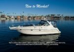 Motorboat on calm marina water with 'New to Market!' headline; promotional image for a Maxum SCR 3700 boat with a brief spec caption visible.
