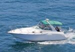 White motorboat with a green canopy cruising on blue water; two people visible at the rear onboard.