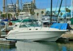 White motorboat docked at a marina among sailboats, with calm water and a blue sky in the background.