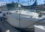 White motor yacht docked at a marina with a person working on the hull and palm trees in the background