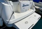 White motorboat at a marina, stern deck with a swim platform and the name 'Dutchess' on the transom image