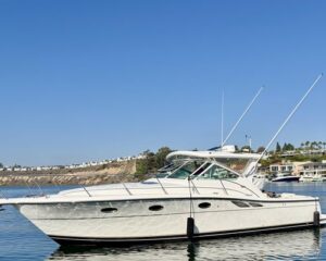 White luxury motor yacht with two tall antennae anchored on calm blue water, harbor and buildings in the background against a clear sky.