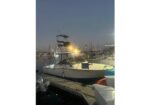 White motorboat moored at a marina at dusk, with a bright deck light and surrounding sailboats in the background.