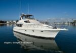 White luxury motor yacht on calm harbor water with a marina in the background; text on the image reads 'Elegance, Strength, Seaworthiness'.