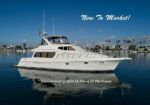 White motor yacht Decompress, a 2004 McKinna 57 Pilothouse, moored in a marina with 'New To Market!' at the top.