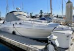 White motorboat with a gray cover docked at a marina, a nearby power pedestal visible.