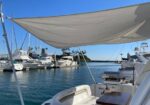 Marina scene with white yachts docked along calm blue water, shade sail overhead and clear sky above it