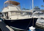 Large motor yacht docked at a marina, dark blue hull and beige upper deck with a canvas canopy; other boats and palm trees in the background.