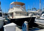 Mid-sized motor yacht docked at a marina, white upper structure and dark hull under a clear blue sky.