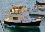 Motor yacht with dark hull and tan canopy moored in clear blue water, with a small dinghy alongside.