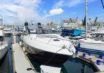 White luxury motor yacht moored at a sunny marina, with other boats and palm trees in the background.