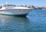 White motor yacht anchored in calm blue water with a distant marina and palm trees in the background.