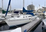 White sailboat docked at a marina with a blue sail cover and rigging, alongside a wooden dock and calm water with city buildings in the background on a clear day.