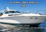 Sea Ray 390 Express motor yacht on blue water, 1987, with bold title overlay text indicating model and year.