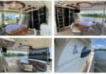 Luxurious yacht interior and outdoor seating area with a round wooden table, white chairs, and curved sofa, by the water.