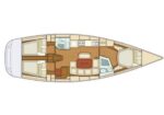 Top-down floor plan of a yacht: aft cabins, central salon with seating and dining table, galley, and forward V-berth cabin with head(s).
