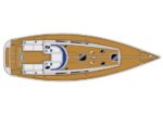 Top-down view of a small wooden motorboat with a brown deck, white hull accents, and seating area toward the stern