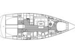 Top-down floor plan of a sailboat interior showing aft cabin, galley, dining area, heads, and forward V-berth.