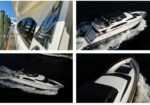 Collage of four luxury yachts: docked at a marina and cruising, with sleek white hulls and dark water.