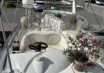 White motorboat cockpit with curved beige seating, wooden steering wheel, and a table covered by a patterned cloth; cushions and a potted plant with red berries nearby.