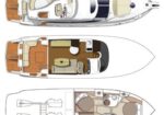 Overhead diagrams of three yachts showing deck, salon, and lower cabins layouts from top to bottom