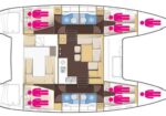 Top-down floor plan of a catamaran showing two hulls with sleeping cabins, a central living area, and a galley area