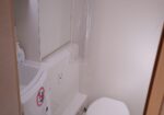 Small compact bathroom with a sink, toilet, and clear curved shower curtain in a white cabin (likely on a boat or RV).