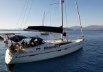 White sailing yacht with a folded mainsail on calm blue water, several people on deck, mountains in the distance.