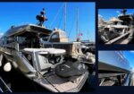 Collage of luxury yachts docked at a sunny marina; large yacht in foreground with a covered jet ski on the deck and two smaller boat views on the right.