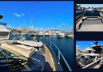 Wide view of a marina with many yachts docked, taken from the deck of a luxury boat under a bright blue sky.