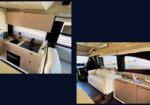 Cozy motorhome interior featuring a wooden galley kitchen with stove, kettle and sink, plus a cream sofa and cabinets along the windowside.