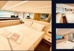 Luxurious yacht bedroom with a large made bed, white linens, beige cushions, and light wood cabinetry along the walls.