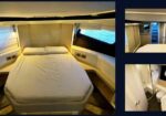 Luxurious yacht cabin with a centered double bed, built‑in seating along the sides, and large windows showing blue water outside.